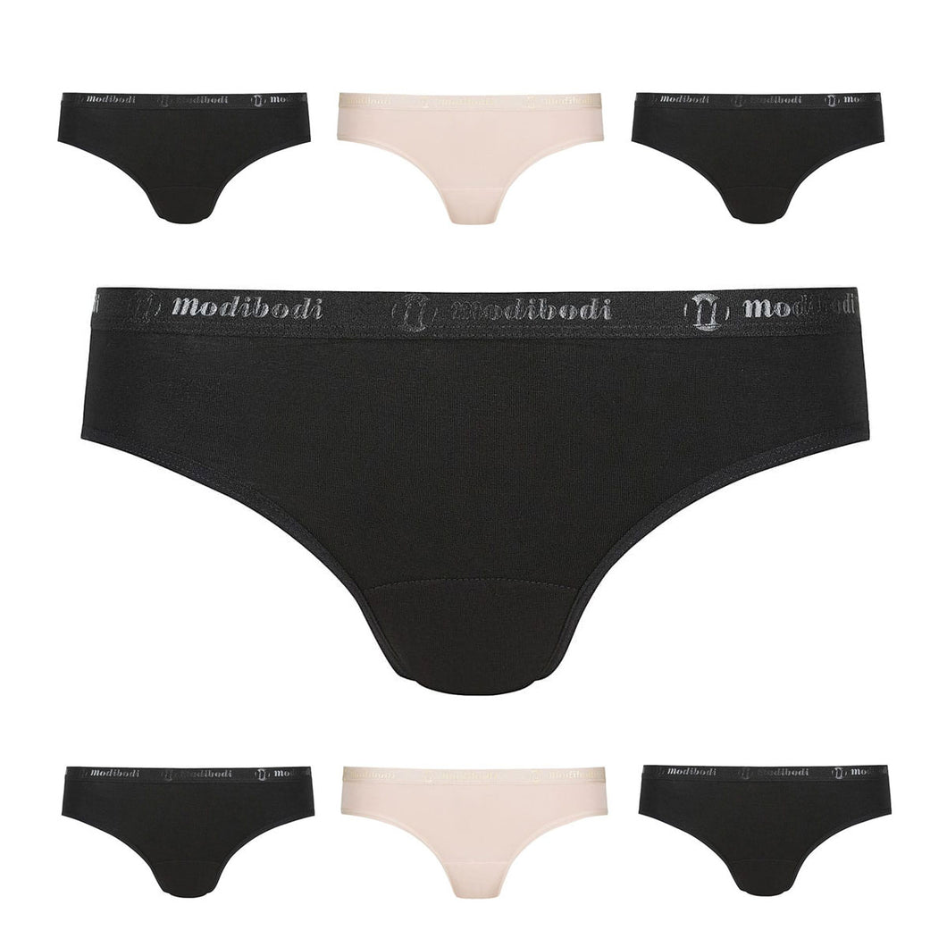 Modibodi Classic Bikini 7 Pack Light-Moderate Flatlay