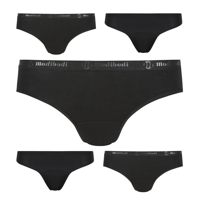 Modibodi Classic Bikini 5 Pack Black Heavy-Overnight Flatlay